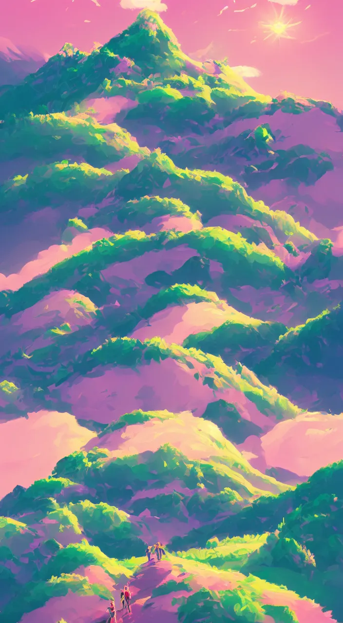Prompt: Mountains with flourishing green grass, aesthetic, pink clouds in the sky, brightly illuminated by rays of sun, artstation, colorful sylvain sarrailh illustration, by peter chan, day of the tentacle style, twisted shapes