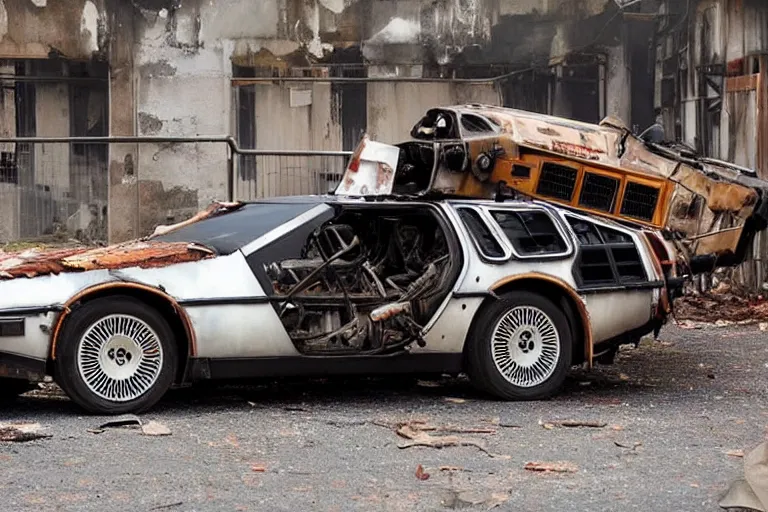 Image similar to rusty, derelict 2 0 2 2 delorean time machine being dragged by a tow truck