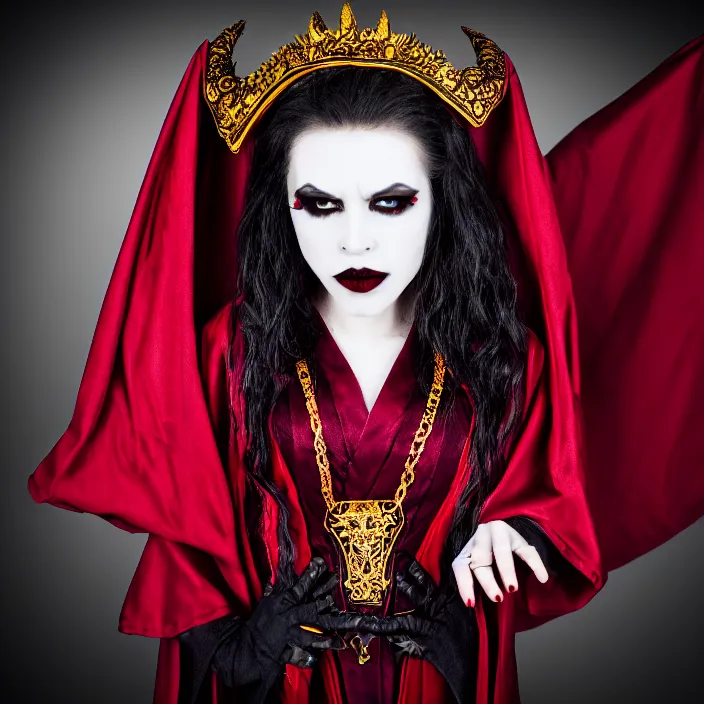 Prompt: professional photograph of a real - life vampire queen with ornate robes. extremely detailed. dslr. 5 0 mm 8 k