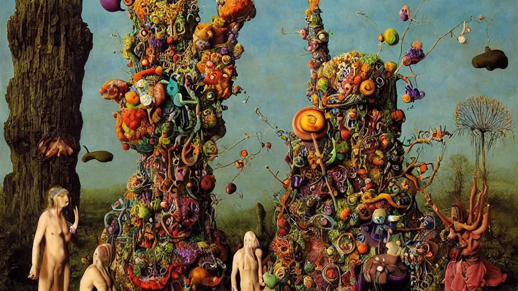 Image similar to a meditating druid shaman surrounded by a single colorful! ( lovecraftian ) humanoid fungus tower white! clear empty sky, a high contrast!! ultradetailed photorealistic painting by jan van eyck, audubon, rene magritte, agnes pelton, max ernst, walton ford, andreas achenbach, ernst haeckel, hard lighting, masterpiece