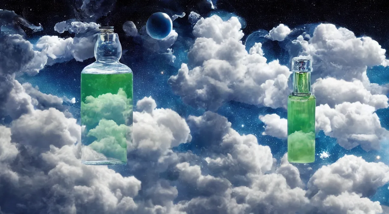 Image similar to clouds in a bottle, in space, floating