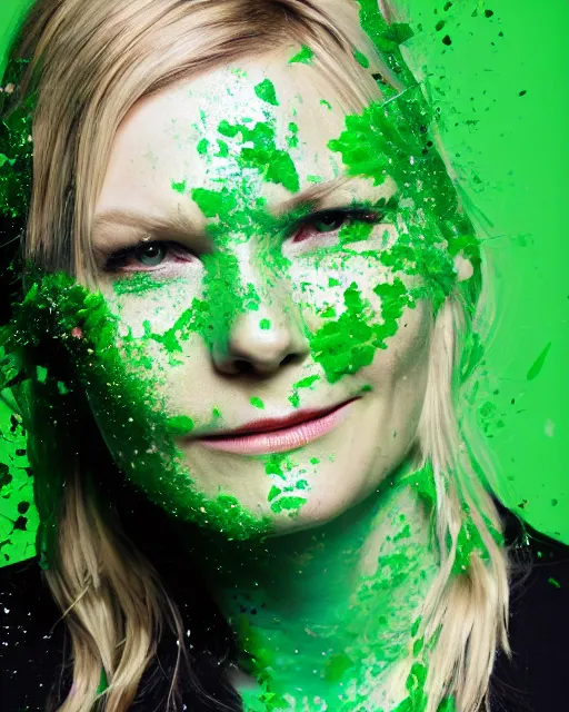 Image similar to photorealistic portrait headshot photos of kirsten dunst with bright green paint splattered across her face. photoshoot peter hurley, nyc headshot photographer, photorealistic