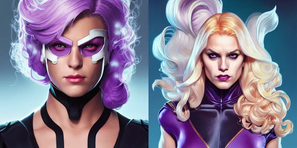 Prompt: character concept portrait, symmetrical head - on centralized, dinah drake, ( domino mask ), blond, lilac costume. detailed, high quality, dynamic lighting, fantasy. artwork by artgerm, wlop, alex ross, greg rutknowski, alphonse mucha