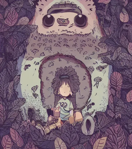 Prompt: portrait, nightmare anomalies, leaves with totoro by miyazaki, violet and pink and white palette, illustration, kenneth blom, mental alchemy, james jean, pablo amaringo, naudline pierre, contemporary art, hyper detailed