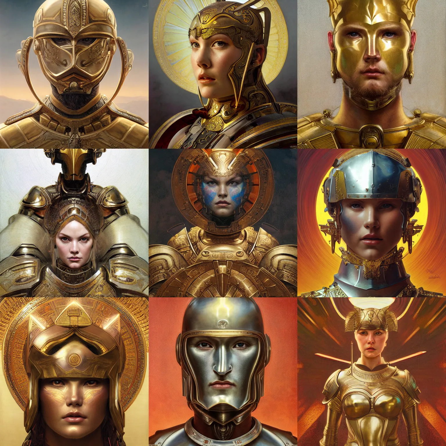 Prompt: masterpiece head-on symmetrical centered painted portrait, Elisha Cuthbert as a warrior paladin, golden halo, wearing full metal armour, by Edgar Maxence, by Ross Tran, by Zdzisław Beksiński, by Michael Whelan, by Mucha, 8k, octane render