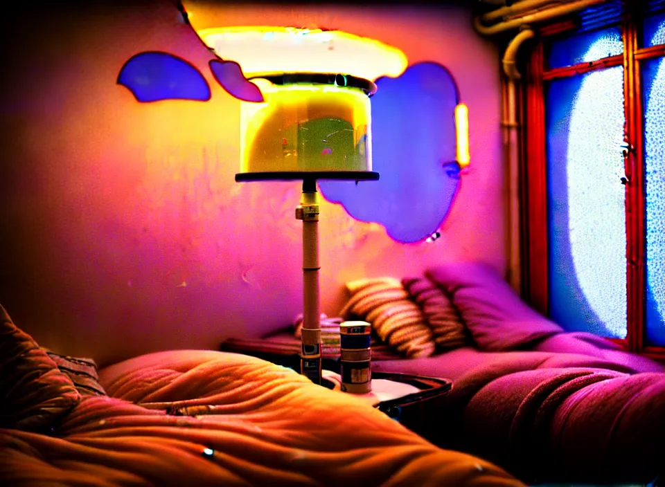 Image similar to telephoto 7 0 mm f / 2. 8 iso 2 0 0 photograph depicting the feeling of chrysalism in a cosy cluttered french sci - fi ( art nouveau ) cyberpunk apartment in a pastel dreamstate art cinema style. ( aquarium, computer screens, window ( city ), leds, lamp, ( ( ( aquarium bed ) ) ) ), ambient light.