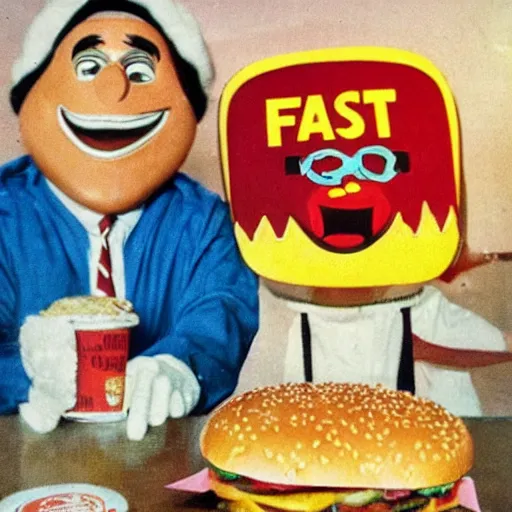 Prompt: Art for a mascot of a fast food chain, 1960, colour photography