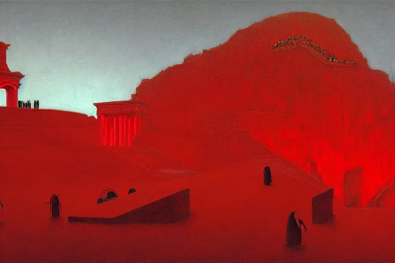 Image similar to only with red, a red melted emperor, taormina amphitheatre, crowd hails him happy, in the style of beksinski, parts by edward hopper, parts by rodcenko, parts by yue minjun, intricate and epic composition, red by caravaggio, insanely quality, highly detailed, masterpiece, red light, artstation, 4 k