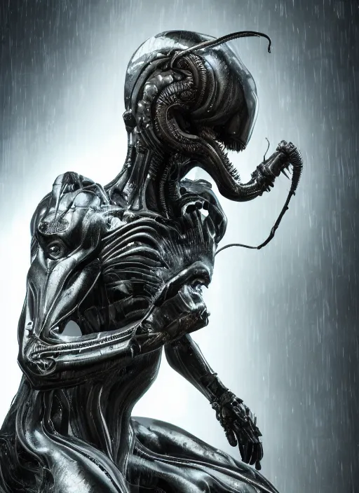 Image similar to engineer prometheus, xenomorph alien, highly detailed, symmetrical long head, smooth marble surfaces, detailed ink illustration, raiden metal gear, cinematic smooth stone, deep aesthetic, concept art, post process, 4k, carved marble texture and silk cloth, latex skin, highly ornate intricate details, prometheus, evil, moody lighting, hr geiger, hayao miyazaki, indsutrial Steampunk