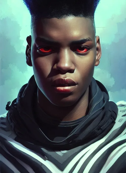 Image similar to portrait of a young black man with a mohawk and a solid black pupils, wearing futuristic techwear highly detailed, digital painting, artstation, concept art, smooth, sharp focus, illustration, art by wlop, uang guangjian and gil elvgren and sachin teng and greg rutkowski