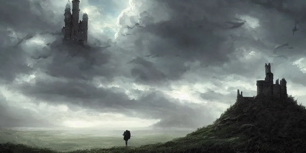 Image similar to A half raven half human magical being looks out over an imposing medieval castle in the distance, dark fantasy, stormy sky, lightning, digital art by Greg Rutkowski and Studio Ghibli