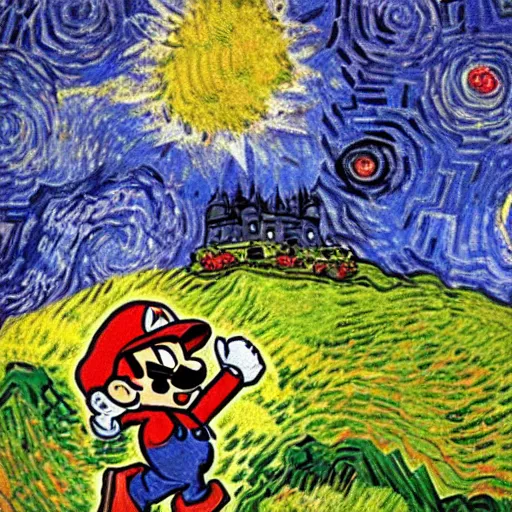 Image similar to highly detailed Super Mario on a hill under sky, by Van Gogh