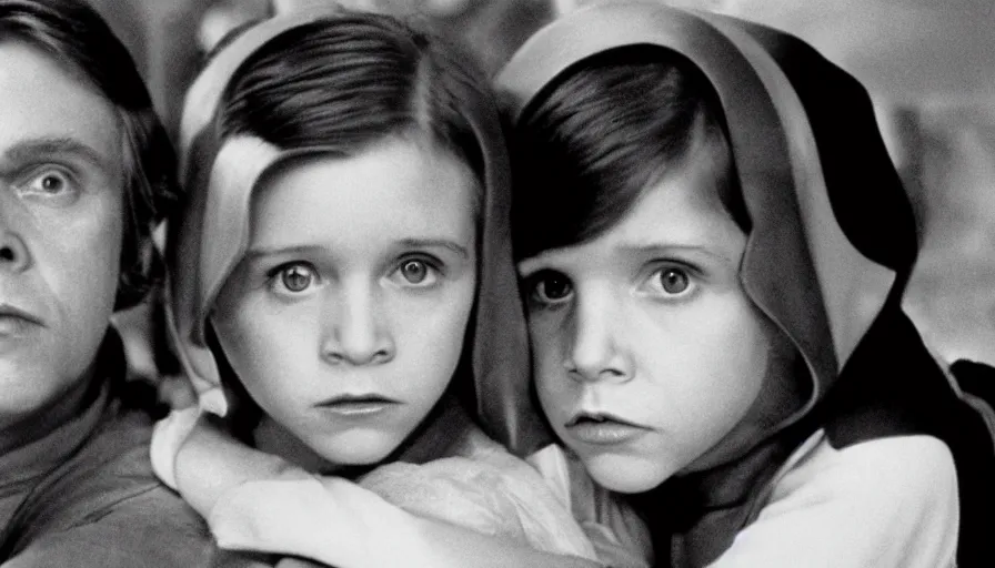 Image similar to film still of carrie fisher and mark hamill as children in new star wars movie, dramatic lighting, highly detailed face, kodak film, wide angle shot,