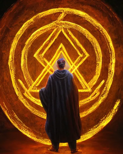 Image similar to oil painting of mage reciting an incantation and standing on glowing circular runes in the middle of dark room, high production value, intricate details, high resolution, hyperrealistic, hdr, high definition, masterpiece, ultra realistic, highly detailed, hd, sharp focus, non blurry, sharp, smooth