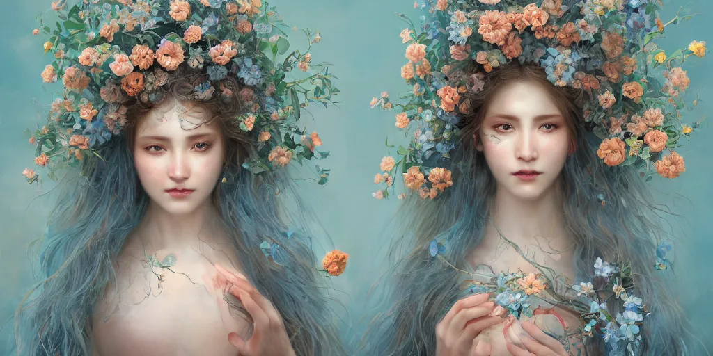 Image similar to breathtaking detailed concept art painting portrait of two hugs goddess of light blue flowers, carroty hair, orthodox saint, with anxious piercing eyes, ornate background, amalgamation of leaves and flowers, by hsiao - ron cheng, extremely moody lighting, 8 k