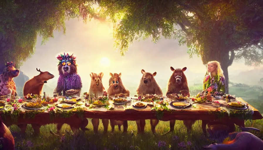 Image similar to a table dinner of animals where animals are dressed like the characters from the midsommar movie wearing flowers, realistic detailed digital art by maxwell boas jessica rossier christian dimitrov anton fadeev trending on artstation cgsociety rendered in unreal engine 4 k hq