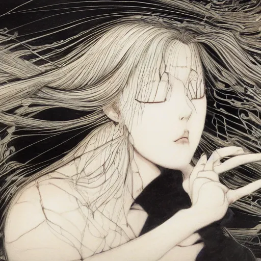 Image similar to Yoshitaka Amano realistic illustration of an anime girl with wavy white hair and cracks on her face wearing dress suit with tie fluttering in the wind, abstract black and white patterns on the background, noisy film grain effect, highly detailed, Renaissance oil painting, weird portrait angle