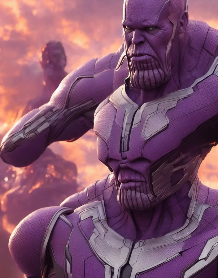 Prompt: Thanos eating Ant Man, hyper realism, high detail, octane render, 8k, depth of field