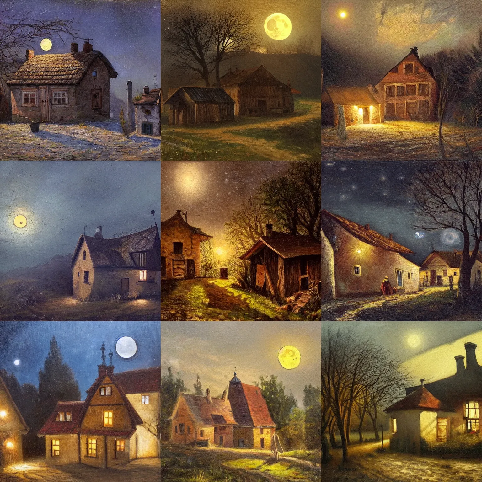 Prompt: a 1 9 th century, old hungarian village house. atmoshperical, midnight, moon lighting, realistic, highly detailed, shadows, mysterious, oil canvas, landscape by meszoly geza, mednyanszky laszlo, lotz karoly and szinyei merse pal