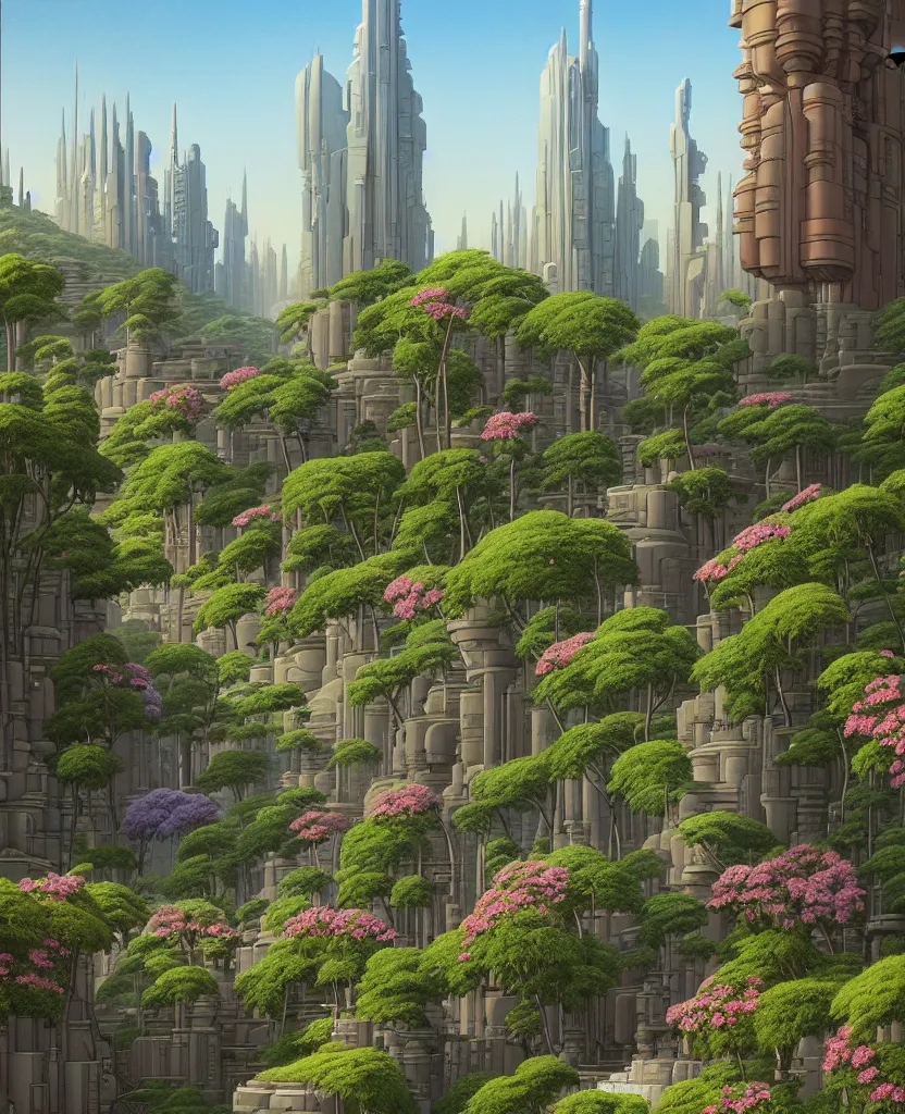 Image similar to reclaimed by nature by ralph mcquarrie inspired cityscape, highly detailed, flowers