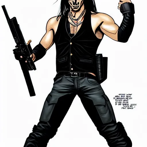 Prompt: a handsome man, in good physical shape, chiseled jaw, 5 o'clock shadow, long black hair in a ponytail, wearing a black leather vest, black leather vest is open, no shirt under the vest, wearing an ammo belt, wearing cargo pants, wearing a gold chain, holding a blaster, grim expression, full body shot, comic book art, realistic looking comic book sketch