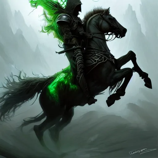 Image similar to concept art by artgerm, conquest of the four horsemen of the apocalypse, soft green natural light, intricate, hooded death riding a horse, highly detailed dark art, digital painting, artstation, concept art, smooth, sharp focus, illustration, art by greg rutkowski and luis rollo and uang guangjian and gil elvgren, symmetry!