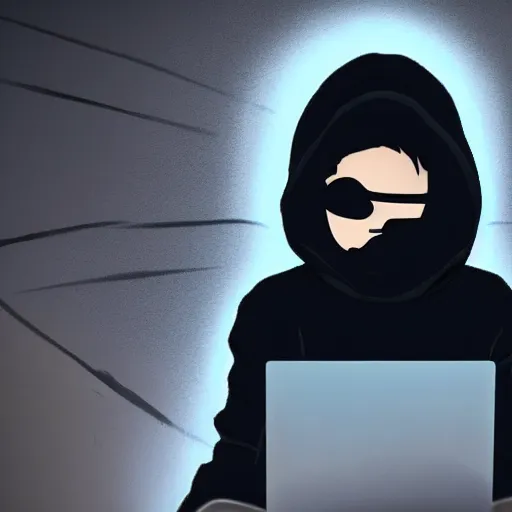 Image similar to an edgy hacker with a black hoodie and black hair covering one eye sitting in front of a computer | text at the bottom saying i'm in