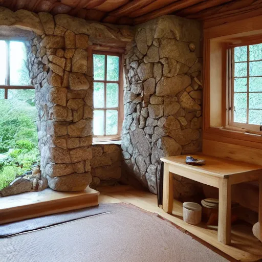 Prompt: photo of interior of fairytale cottage, english and japanese, cozy stone cottage