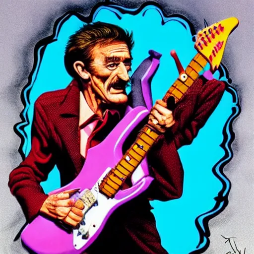 Image similar to Barry Chuckle Shredding on an electric guitar in the style of Jason Edmiston and Gary Panter