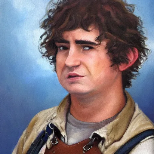 Prompt: close up headshot of a frowning clean shaven pudgy British lad with short curly dark brown hair as a hobbit wearing a white men's crossbody sling chest bag and blue vest, blue vest!! white crossbody chestbag!! high resolution film still, painting by Ed Binkley