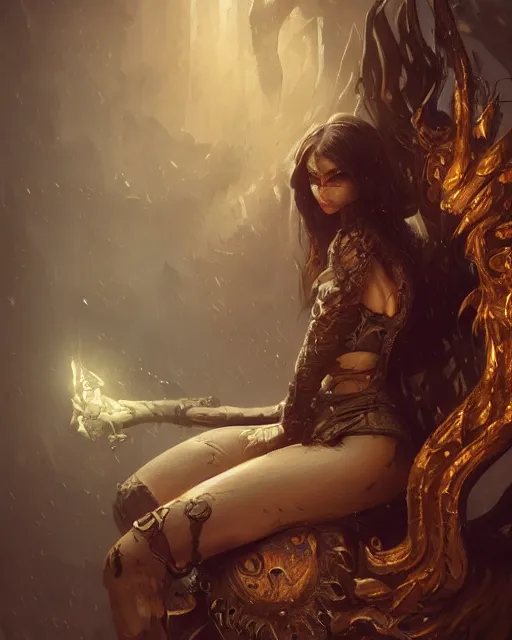 Image similar to A beautiful female demon posing on a chair, beautiful face, highly detailed face, close-up, fantasy art, female art, in the style of greg rutkowski, illustration, epic, fantasy, intricate, hyper detailed, artstation, concept art, smooth, sharp focus, ray tracing