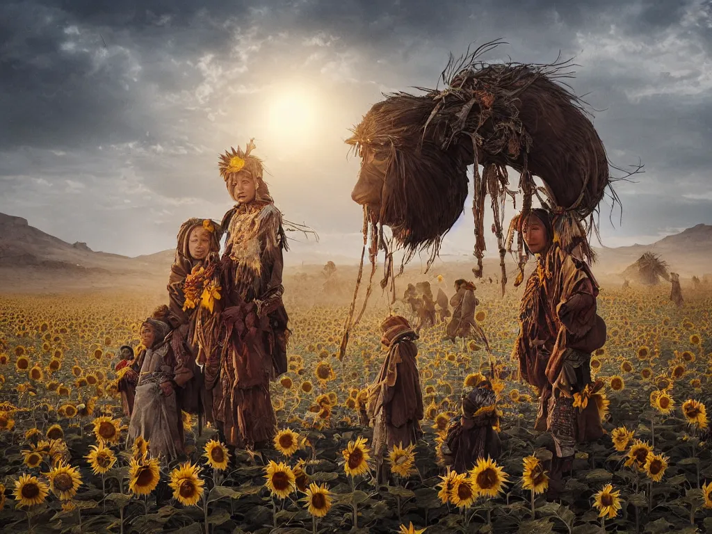 Prompt: a portrait of the mighty sunflower people, a nomadic mongolian tribe that follows the sun in a vast barren valley full of withered helianthus, and build huts using dry roots, by Greg Rutkowski, Sung Choi, Mitchell Mohrhauser, Maciej Kuciara, Johnson Ting, Maxim Verehin, Peter Konig, Bloodborne, macro lens, 35mm, 8k photorealistic, cinematic lighting, HD, high details, atmospheric