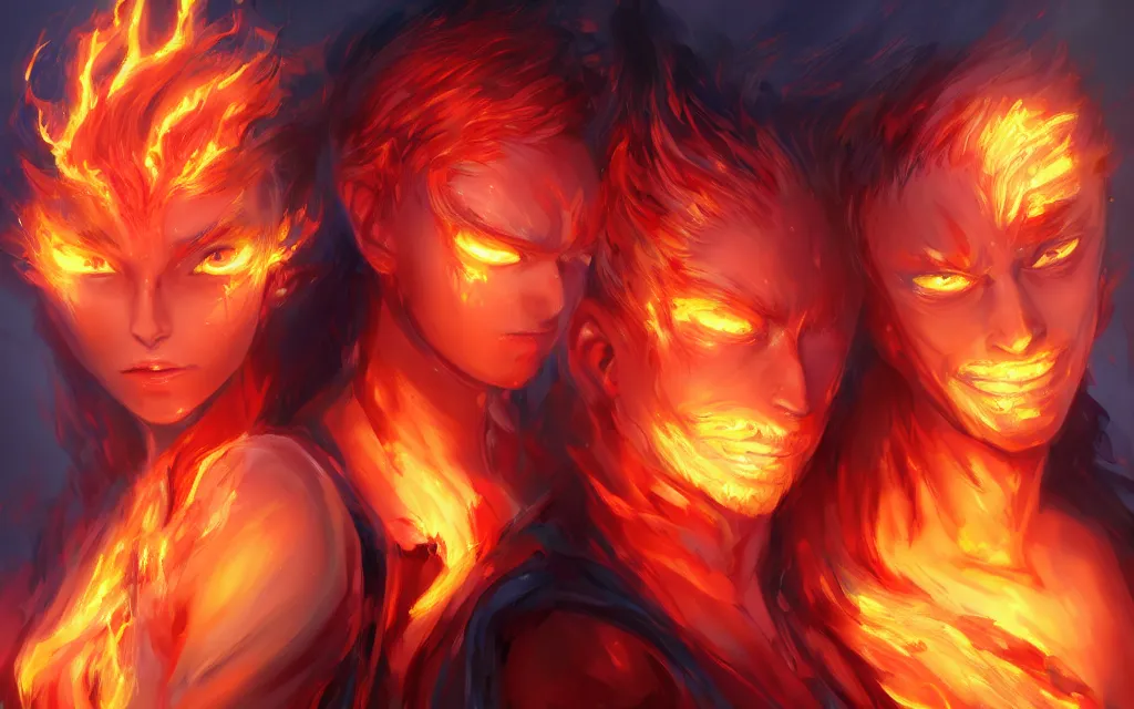 Image similar to A realistic anime portrait of a beautiful fire spirit twins with glowing red eyes and firey skin wearing clothes made of flames, digital painting, by Stanley Artgerm Lau, Sakimichan, WLOP and Rossdraws, digtial painting, trending on ArtStation, SFW version