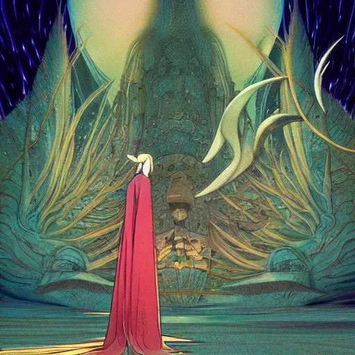 Image similar to surreal mystic fairytale digital painting masterpiece, haunting beautiful brush strokes, painted by Moebius and Hayao Miyazaki and Akira Toriyama