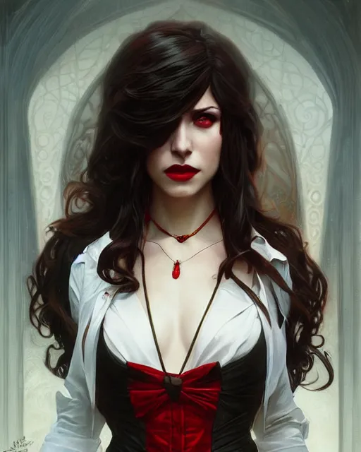 Image similar to female vampire, perfect face, gold waistcoat, red necktie, cinematic, stunning, highly detailed, digital painting, artstation, smooth, hard focus, illustration, art by artgerm and greg rutkowski and alphonse mucha