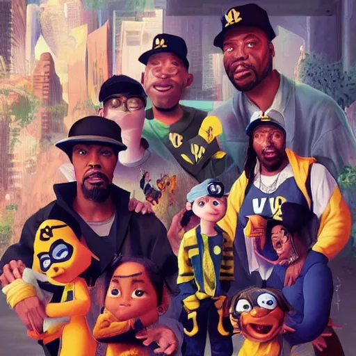 Image similar to a portrait of the wu - tang clan as pixar characters, beautiful, elegant, extremely detailed digital art, trending on artstation hyper realistic matte painting, by wlop, artgerm