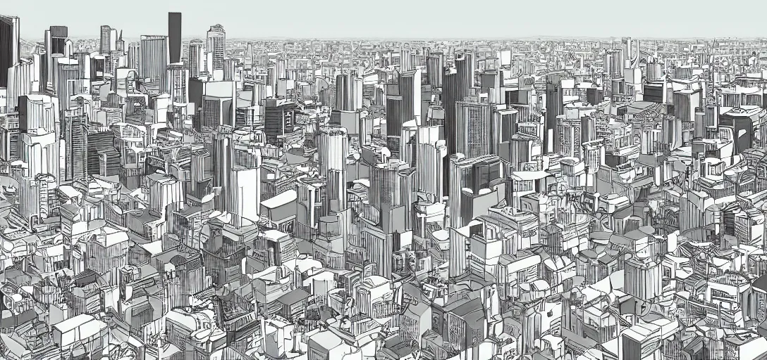 Prompt: visual development for los angeles cityscape skyline by lou romano and dice tsutsumi