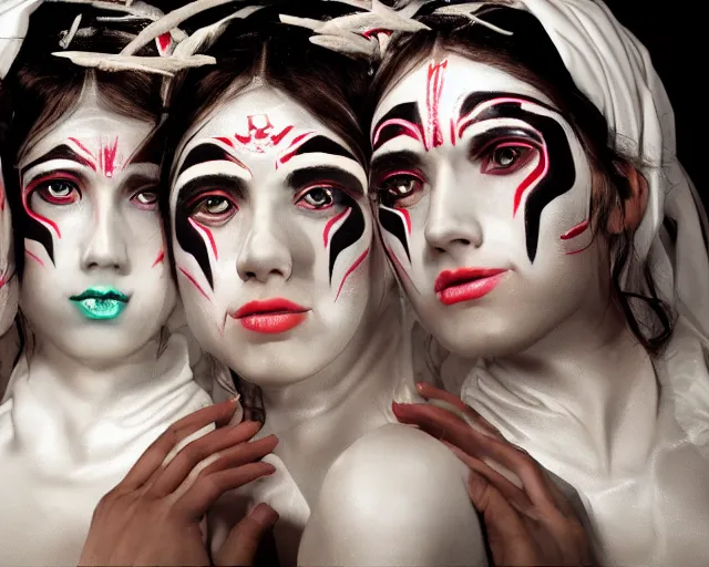 Prompt: a film still of three synthetic female human oracles wrapped in white cloth, beautiful, tribal facepaint, neotokyo, cinematic lighting, high resolution, 4 k