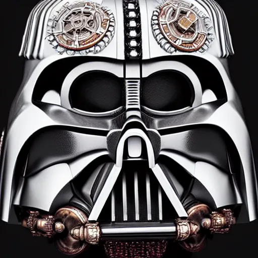 Prompt: A close up symmetric steampunk darth vader mask with sparkling eyes made from ornate engraved full plate armor and Rolex gears and jewels and gems, macro shot by Justin Gerard, unreal engine, detailed, intricate, physically based rendering