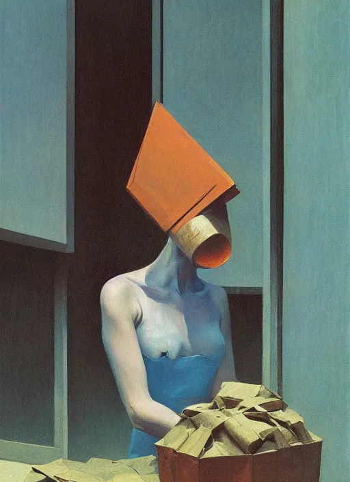 Image similar to women in paper bag over the head and a sward in rubbles Edward Hopper and James Gilleard, Zdzislaw Beksinski, highly detailed