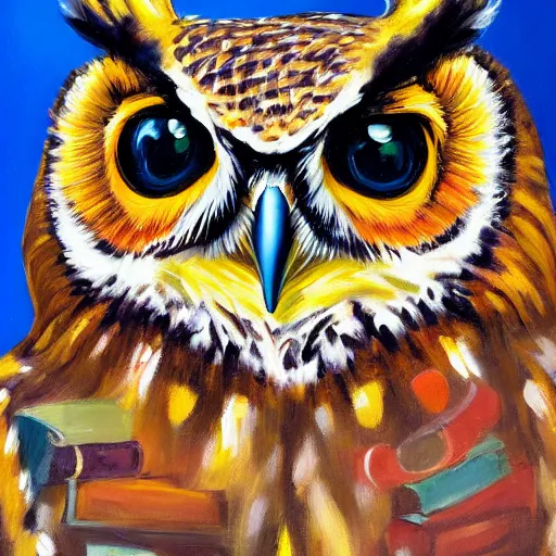 Prompt: wise colorful great horned owl wearing glasses, books in background, detailed impasto oil painting 4 k