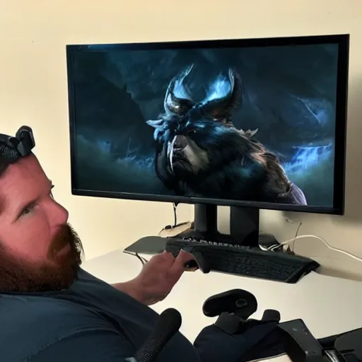 Image similar to obese Christian Bale wojack wearing a headset yelling at his monitor while playing WoW highly detailed wide angle lens 10:9 aspect ration award winning photography