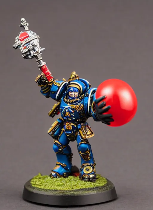 Prompt: 8 0 mm resin detailed miniature of a warhammer 4 0 k space marine holding a red balloon in one hand and a hamburger in the other, product introduction photos, 4 k, full body,