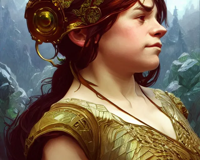 Prompt: illustration of a dwarf trading gems with a halfling deep focus, intricate, elegant, highly detailed, digital painting, artstation, concept art, matte, sharp focus, illustration, art by artgerm and greg rutkowski and alphonse mucha