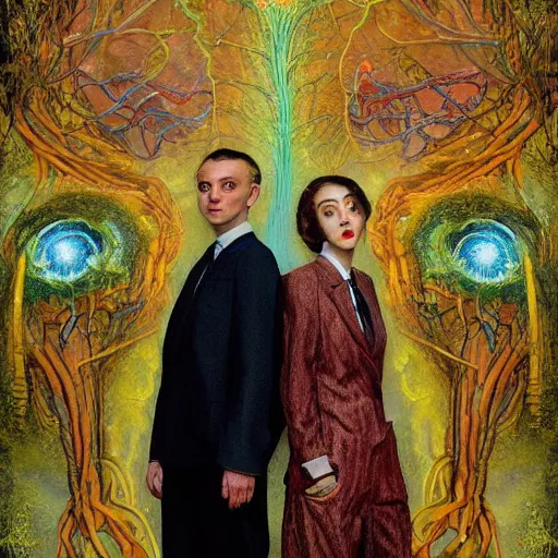 Prompt: two lovers wearing a suit made of nervous system, channeling third eye energy, surrounded by a background of cyber mystic garden of earthly delights, painted part by wojciech siudmak, part by ilya repin, part by norman rockwell, part by zhang jingna, artstation