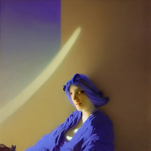 Image similar to a young woman's face, her hair is white and she wears a cobalt blue satin cloak, by ivan aivazovsky and syd mead and moebius and gaston bussiere and roger dean and pieter claesz and paul delaroche and alma tadema and aelbert cuyp and willem claesz, hyperrealistic, volumetric light, octane render