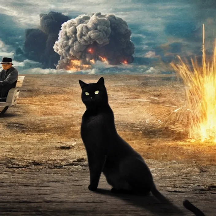 Prompt: cinematic movie close up shot, background blur bokeh, old man sitting with black cat watching nuke explosion close up!, world ending nuke, 4 k