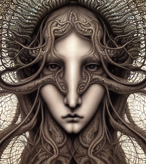 Image similar to detailed realistic beautiful squid goddess face portrait by jean delville, gustave dore, iris van herpen and marco mazzoni, art forms of nature by ernst haeckel, art nouveau, symbolist, visionary, gothic, neo - gothic, pre - raphaelite, fractal lace, intricate alien botanicals, ai biodiversity, surreality, hyperdetailed ultrasharp octane render