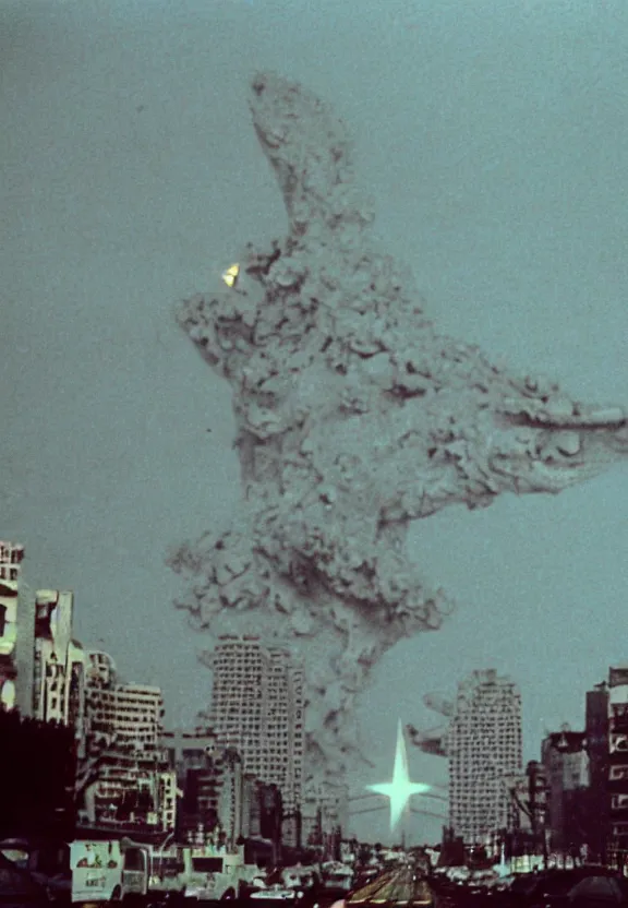 Prompt: Pulgasari the North Korean starfish monster destroying Pyongyang city, volumetric lighting, filmstill, produced by Kim Jong-il, Kodachrome, kaiju-eiga, monster movie, communist propaganda, film noir, 35mm film grain, Cooke Varotal 20-100mm T3.1, in the style of Ishirō Honda and Orson Welles