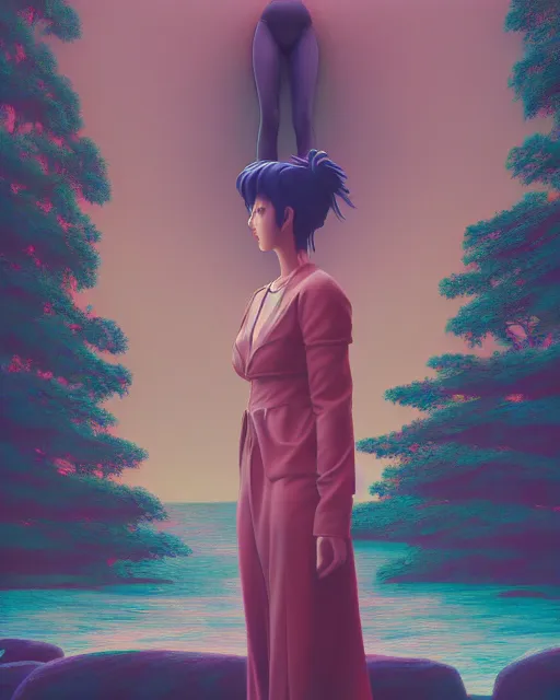 Image similar to a painting of a woman standing in front of a statue, a screenshot by stanley twardowicz, cgsociety, aestheticism, aesthetic, vaporwave, anime aesthetic